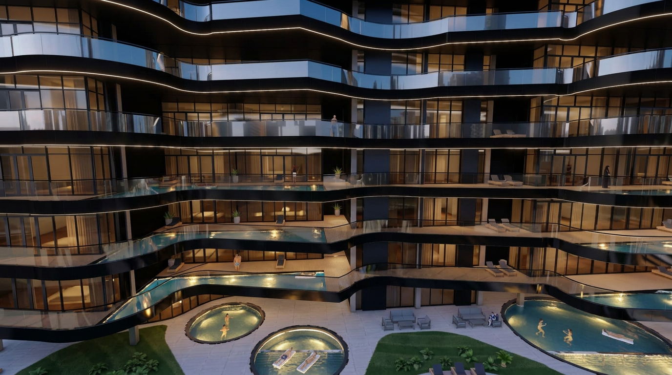 Black Tower — terraced sky pools and residents' amenity decks